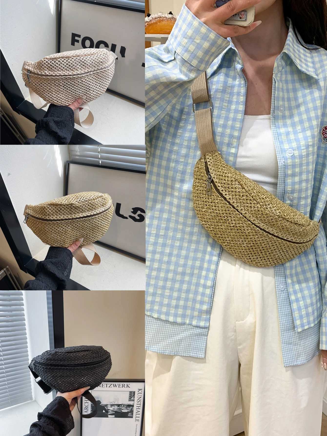 Straw Waist Bag Chest Bag Waist Pouch Cross Body Pouch Sling Bag Travel Imitation Straw Woven Waist Bag Purses Beach BagL251024