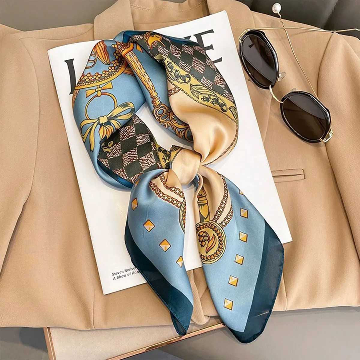 70x70cm Fashionable Korean Style Silk Square Scarf Satin Print Hairband Necktie Hair Accessory Headscarf Versatile Wrap Scarf C251024
