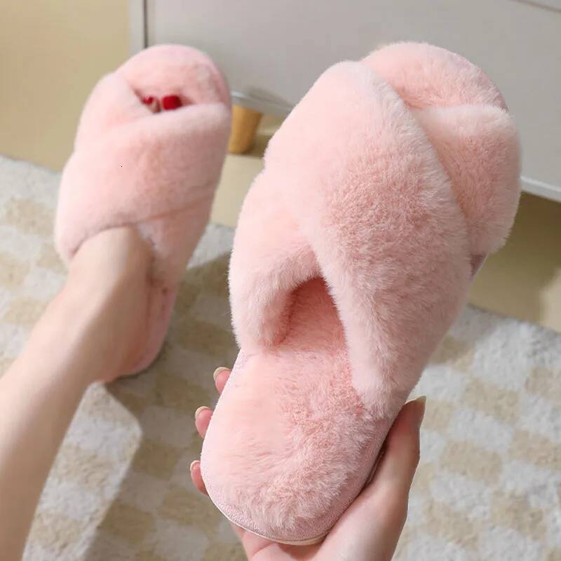 Winter Home for Women Fashion Cross Strap Thicked Plush Slides Woman Light Soft Sole Faux Fur Warm House Slippers ddmythur