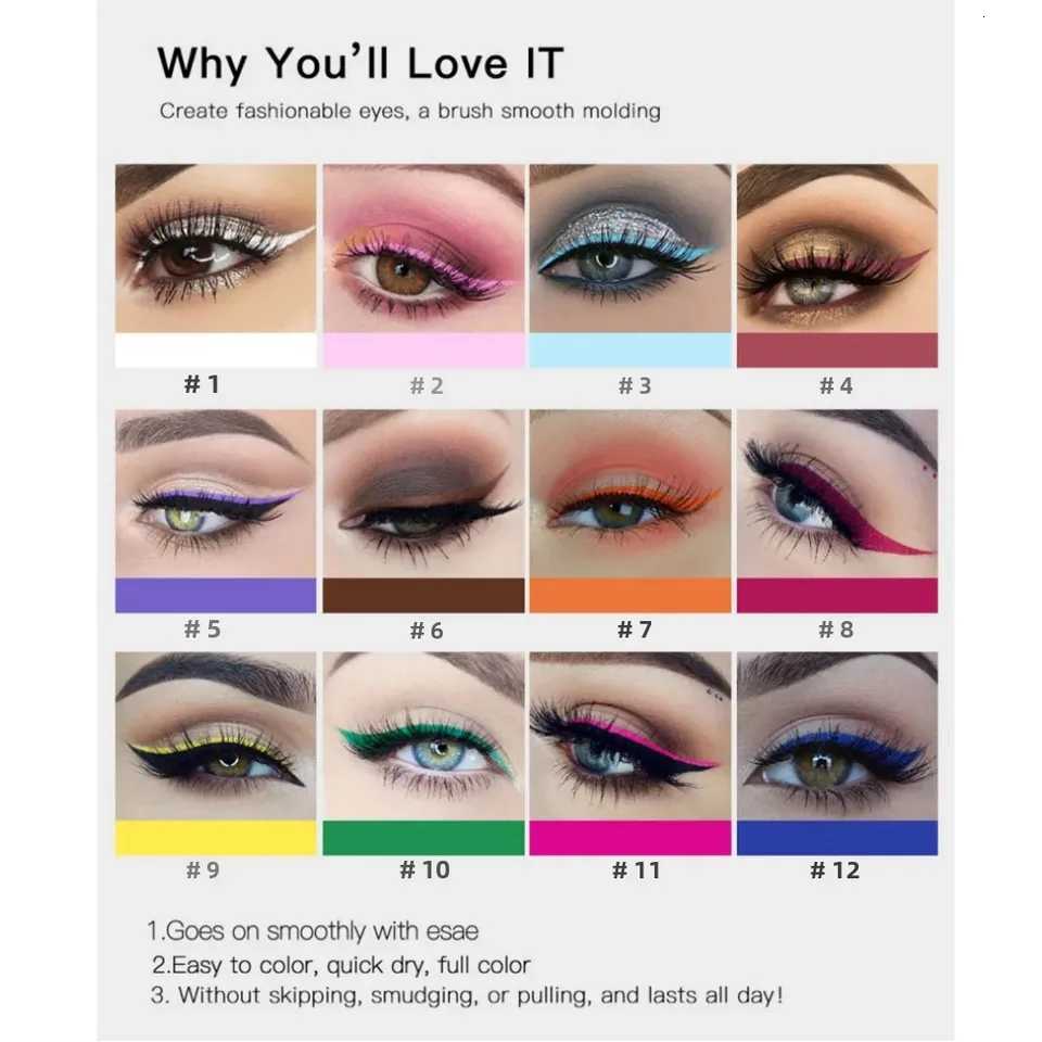 12pcs Colorful Waterproof Eyeliner Pen Set Fluorescent Matte LongLasting 24hrs Eye Liner Pencils for Face Makeup DecorationL251024