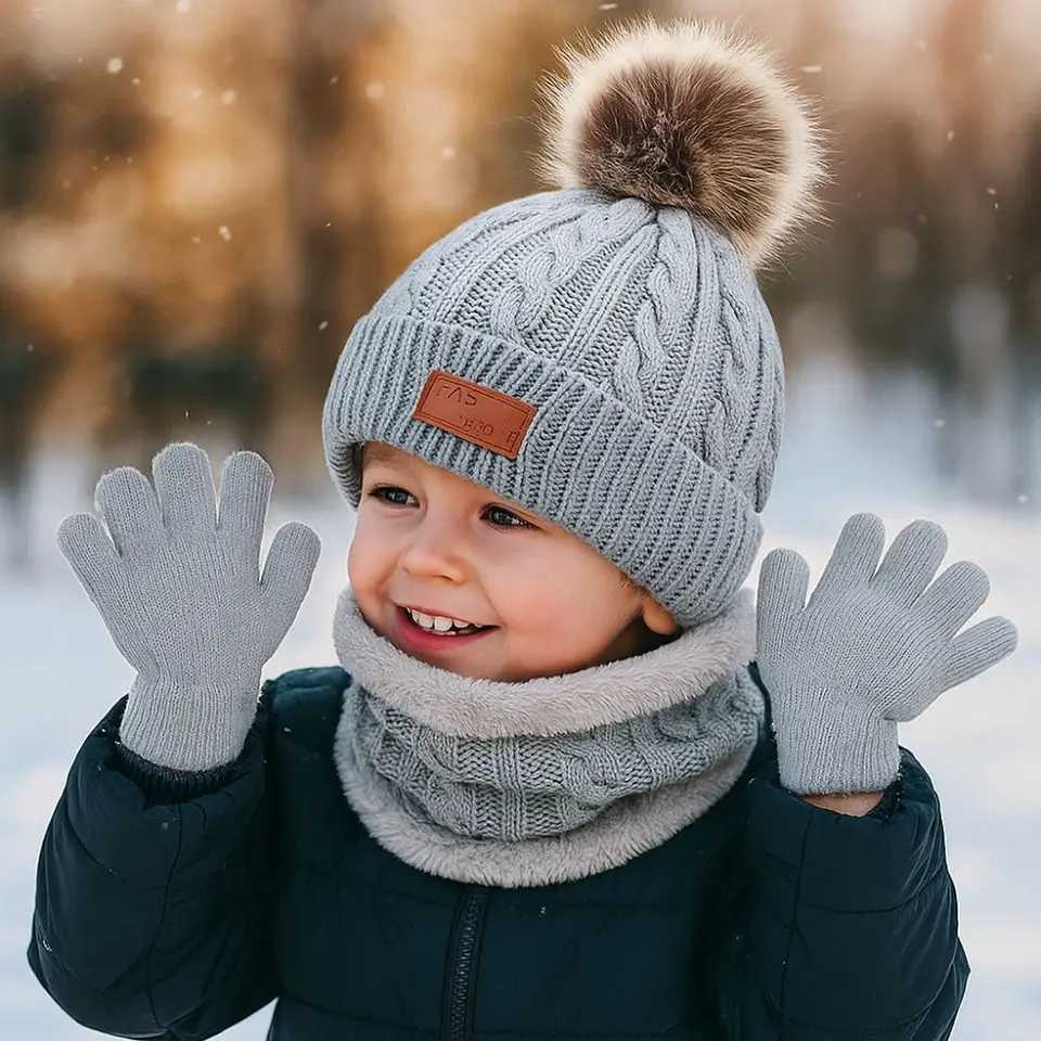 3pcsset Solid Color Baby Hat Scarf Gloves Set Cute Pompom Warmer Knitted Hats Comfortable Kids Hat Set Autumn WinterL251024