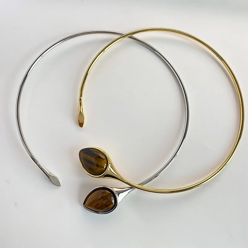 Fashion Water Drop Shaped Tiger Eye Stone Metal Open Choker Necklace for Women Girls Simple Exaggerated Party Jewelry Gifts 251016