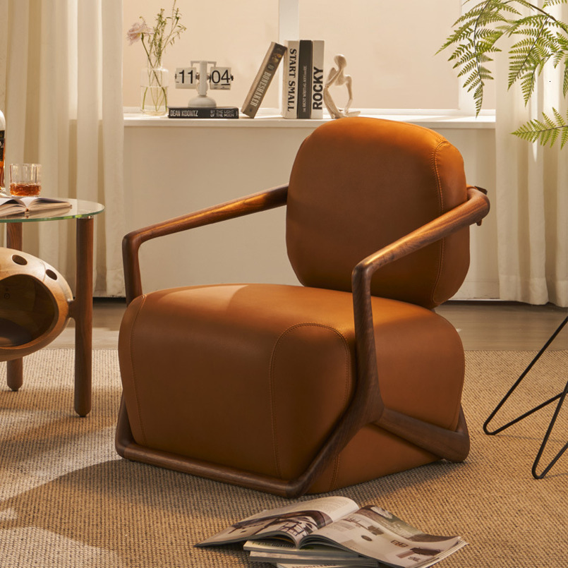 Customizable Black Walnut & Top Grain Leather Leisure Chair for Living Room Single Seat Salon Reception