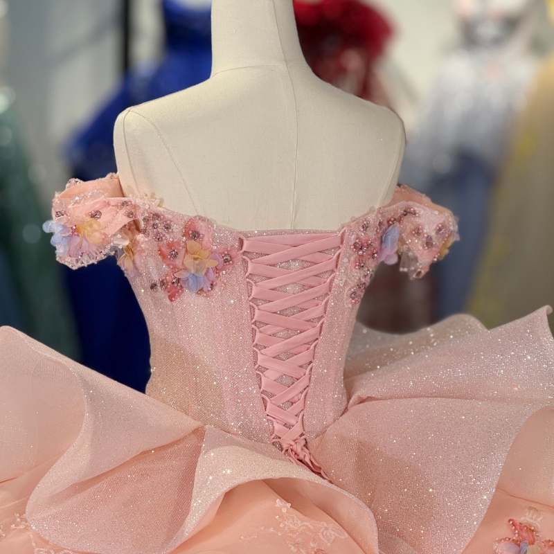Pink Shiny Quinceanera Dresses Ball Gown Off The Shoulder Applique Flower Beading Crystal Corset Tull Party Birthday Sweet 16 Dress Vestidos 15 De Ano
