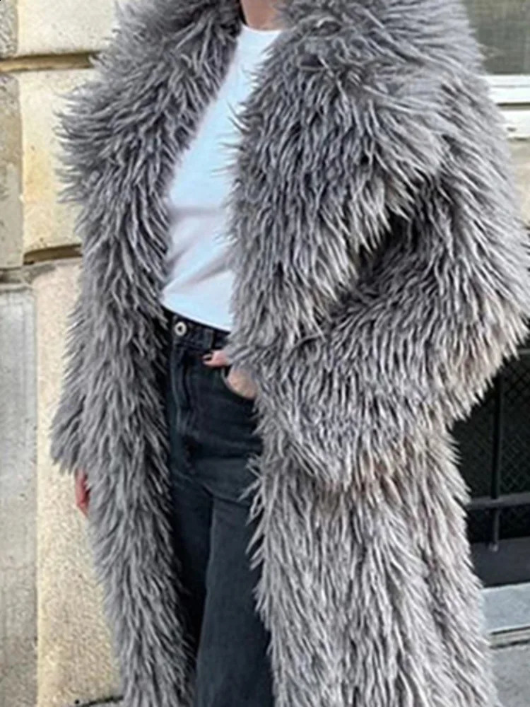 DEAT Fashion Gray Long Fur Coat Womens Lapel Loose Sleeves Plush Thick Overcoat Winter 7A1438 251018