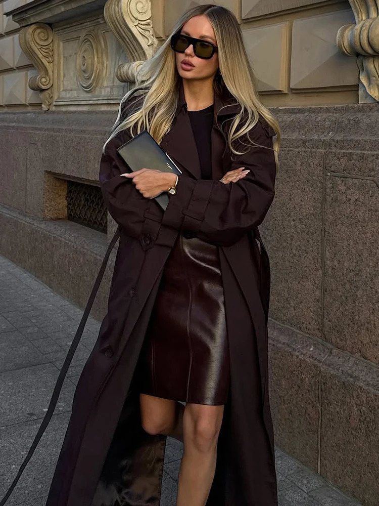 Burgundy Lace Up Trench Coat Womens Fashion Solid Lapel Long Sleeve Double Breasted Loose Jackets Lady Commute Streetwear 251021