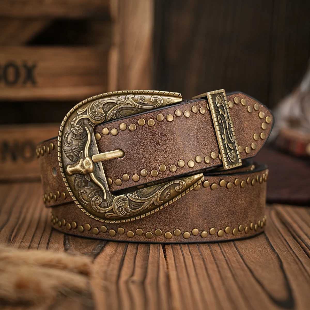 Men Women Western Denim pu leather Belt Vintage jeans with floral carved buckle belt W251024