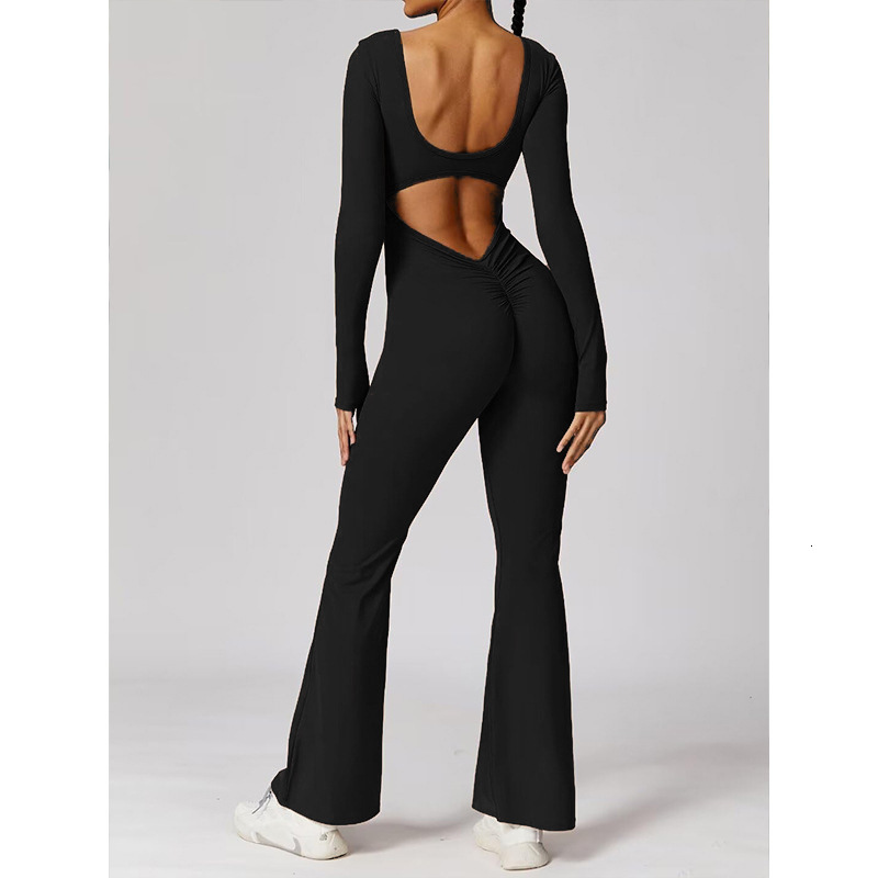 Womens Clothing 2025 Autumn New Solid Color Slim Fit HipLifting Jumpsuit Long Sleeve Backless Sports Yoga Wear