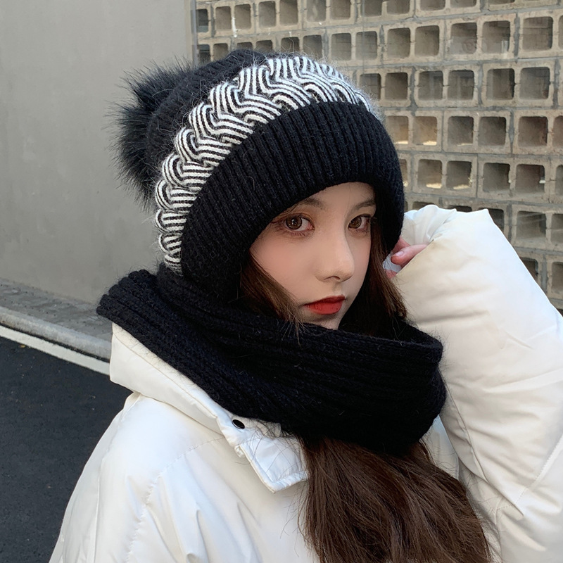for Women Autumn Cute Hat Knitted Cold Ear Neck Protection Thickened Wool Scarf Integrated Winter Warmth