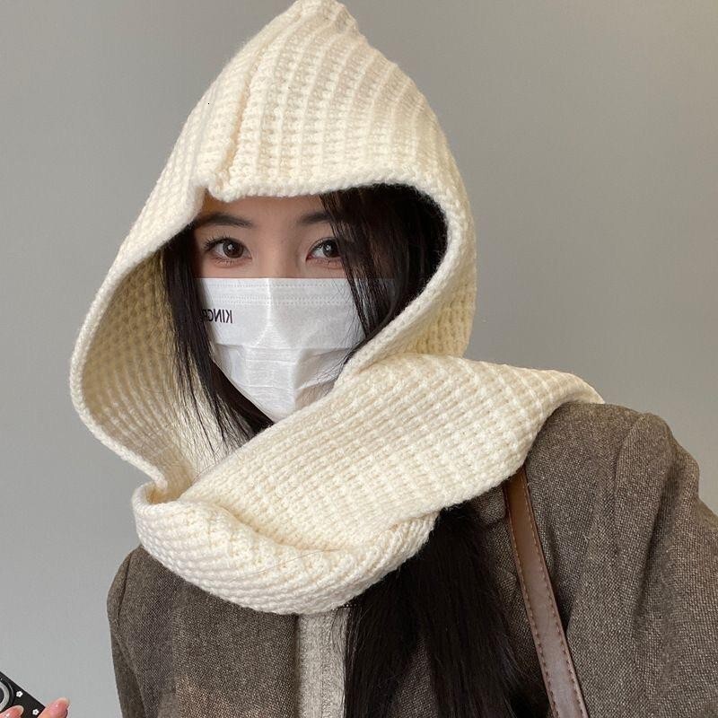 Women's Winter Fashion Trendy Scarf Dual-use Knitted Cape Versatile Solid Color Warm Hooded Shawl Integrated Hat