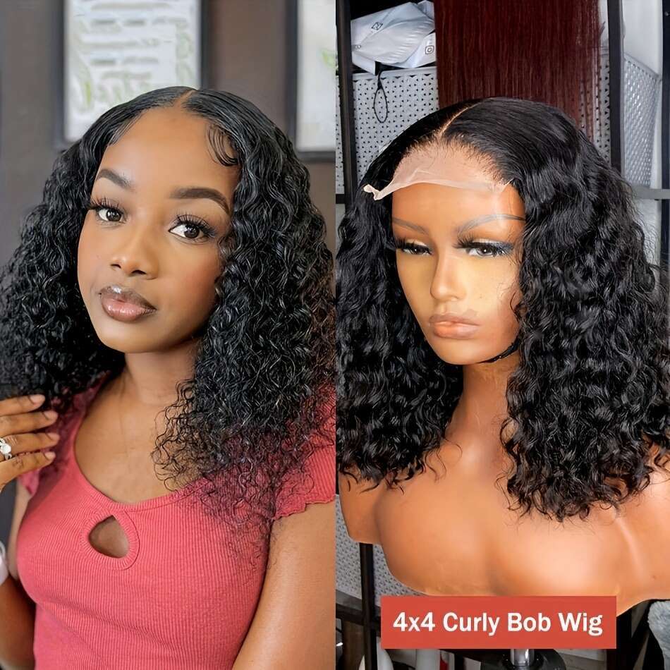 4x4 Brazilian Deep Wave Curly Bob Wig - Pre-Plucked Human Hair with Lace Closure, 150% Density, Natural Black Women, Versatile Style for All Ethniciti