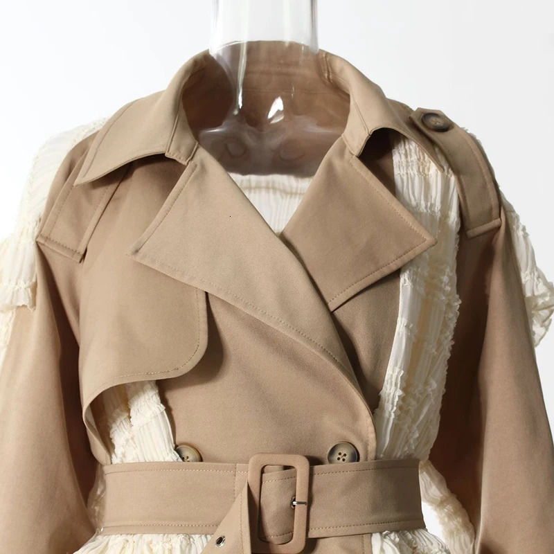 DEAT Fashion Lace Patchwork Trench Coat Womens Lapel Loose Double Breasted Sashes Xlong Windbreaker Spring 251021