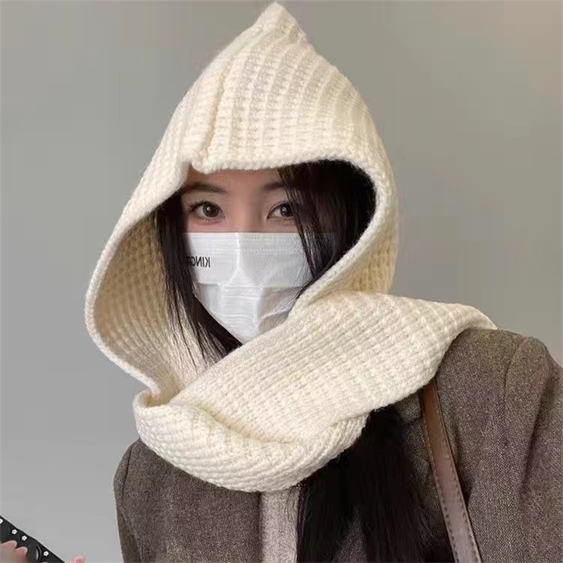 Women's Winter Fashion Trendy Scarf Dual-use Knitted Cape Versatile Solid Color Warm Hooded Shawl Integrated Hat
