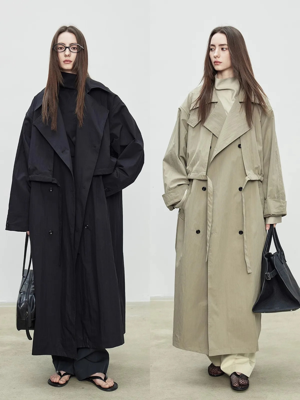 Lautaro Spring Autumn Oversized Khaki Long Trench Coat for Women Double Breasted Loose Casual European Fashion Overcoat 251021