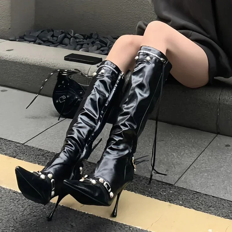 Women Knight High Boots Fashion Tassels Side Zippers Ladies Elegant Pointed Toe Long Booties Womens Footwear 251023