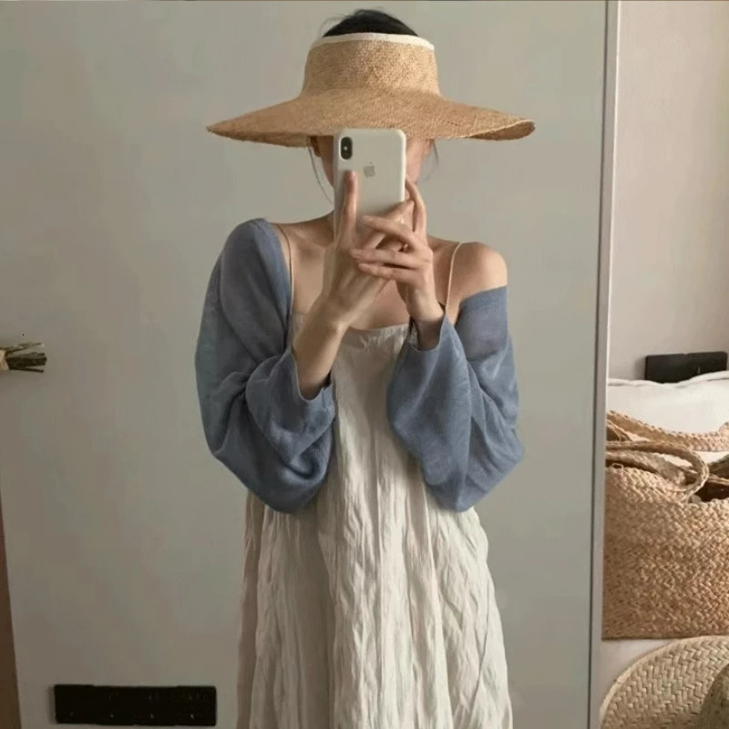 Short Ice Silk Knitted Sun Protection Cardigan Womens Thin Summer Suspender Skirt Layered Gauze Jacket Airconditioned Cover Up 251013