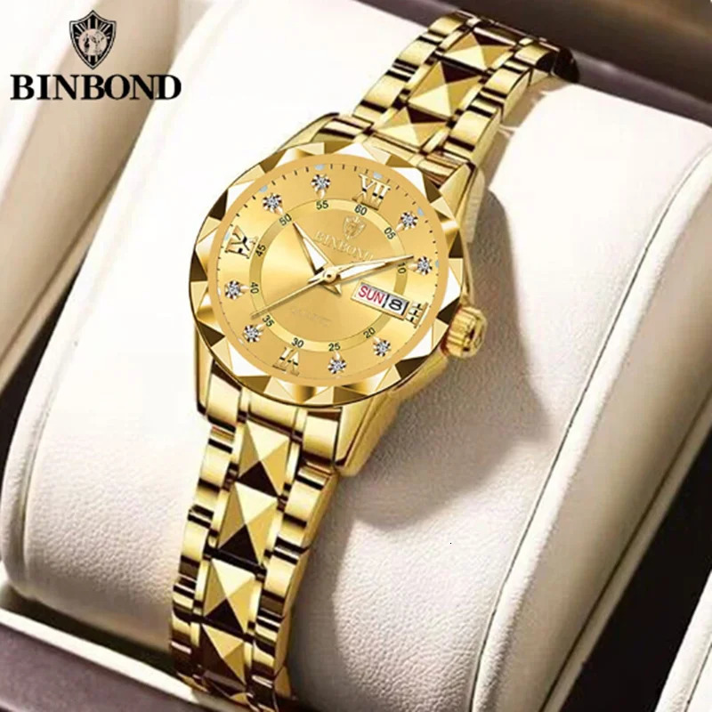 BINBOND 2522 Fashionable Womens Quartz Watch Tungsten Steel Timer Waterproof Night Light Dual Calendar Womens Watch 251021
