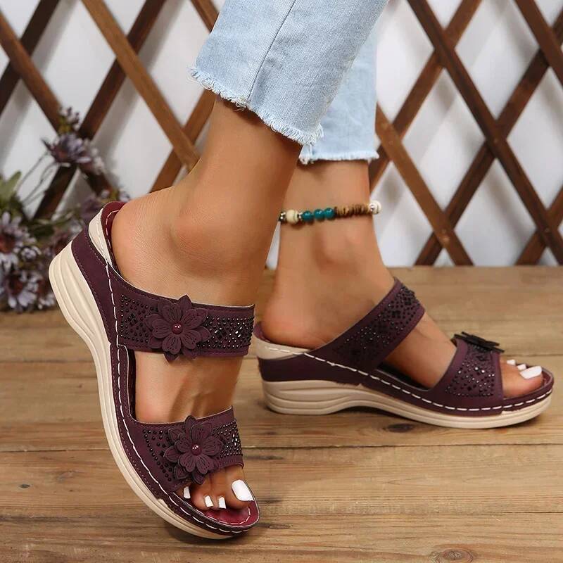 2024 Summer Plus Size Women's Shoes Retro Roman Women Pu Casual Flower Wedge Sandals Platform Slippers ddmypanda