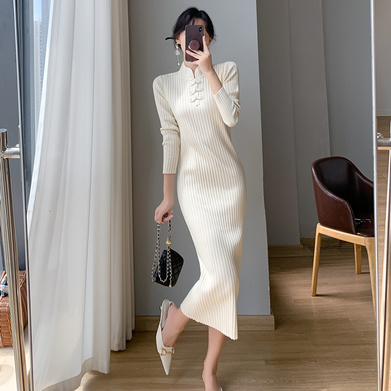 Autumn and Winter New Women's Designer Knitted Sweater Dress Medium Retro Cheongsam Style Button Closed Slimming Dress