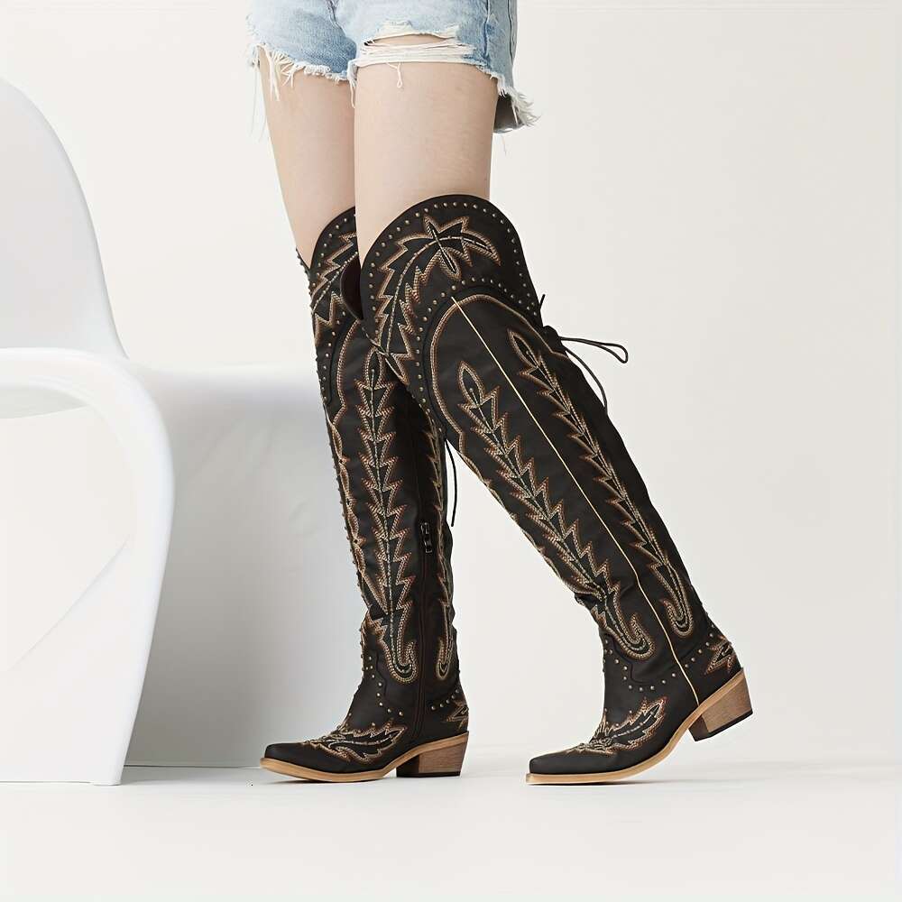Women's Western Cowgirl Thigh-High Cowboy - Embroidered Chunky Heel With Back Lace-Up, Side Zipper & Studded Detailing, Pointed Toe Faux Cover Bo