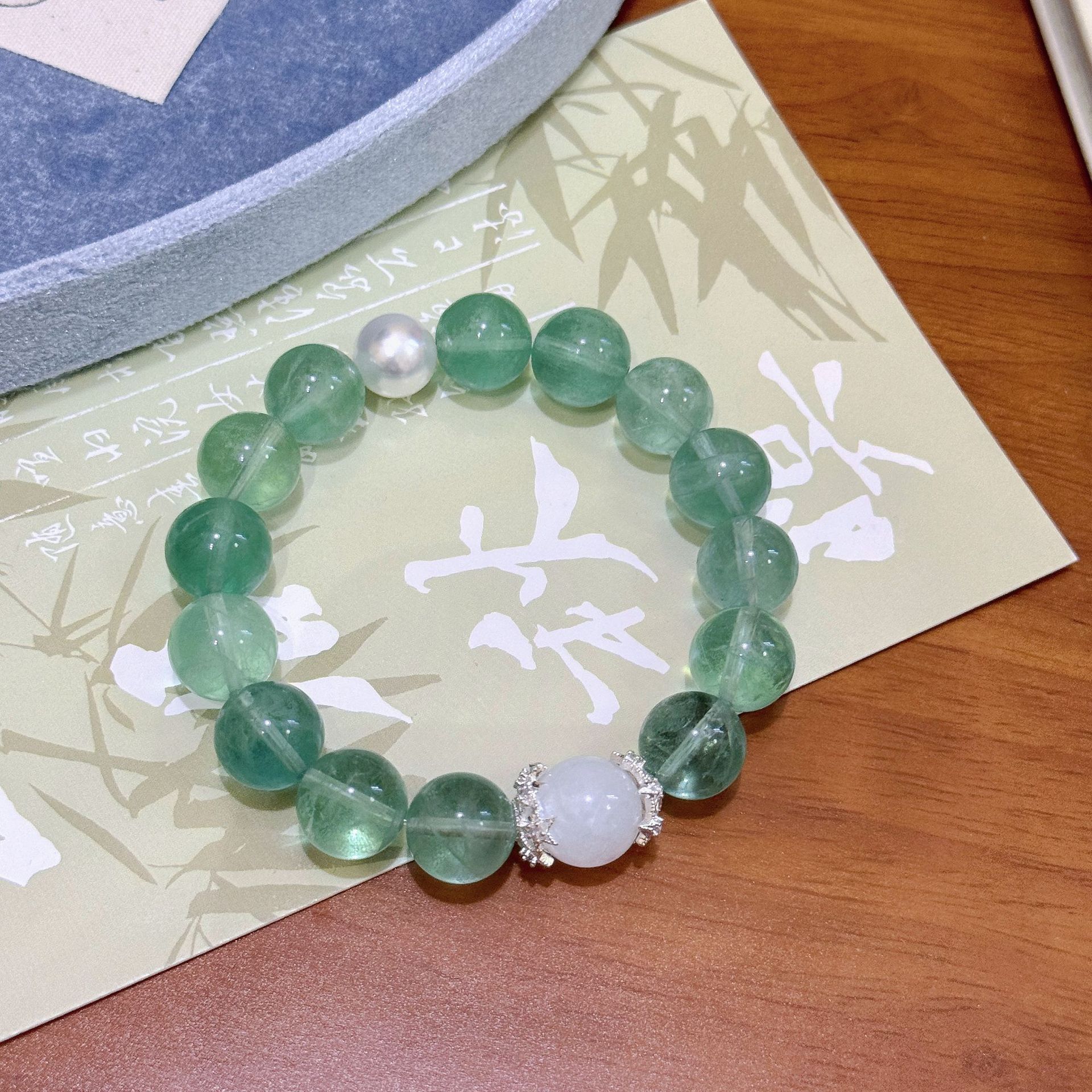 Spring Seasonal Clear Dew Drop-Shaped Natural Green Fluorite Wristband