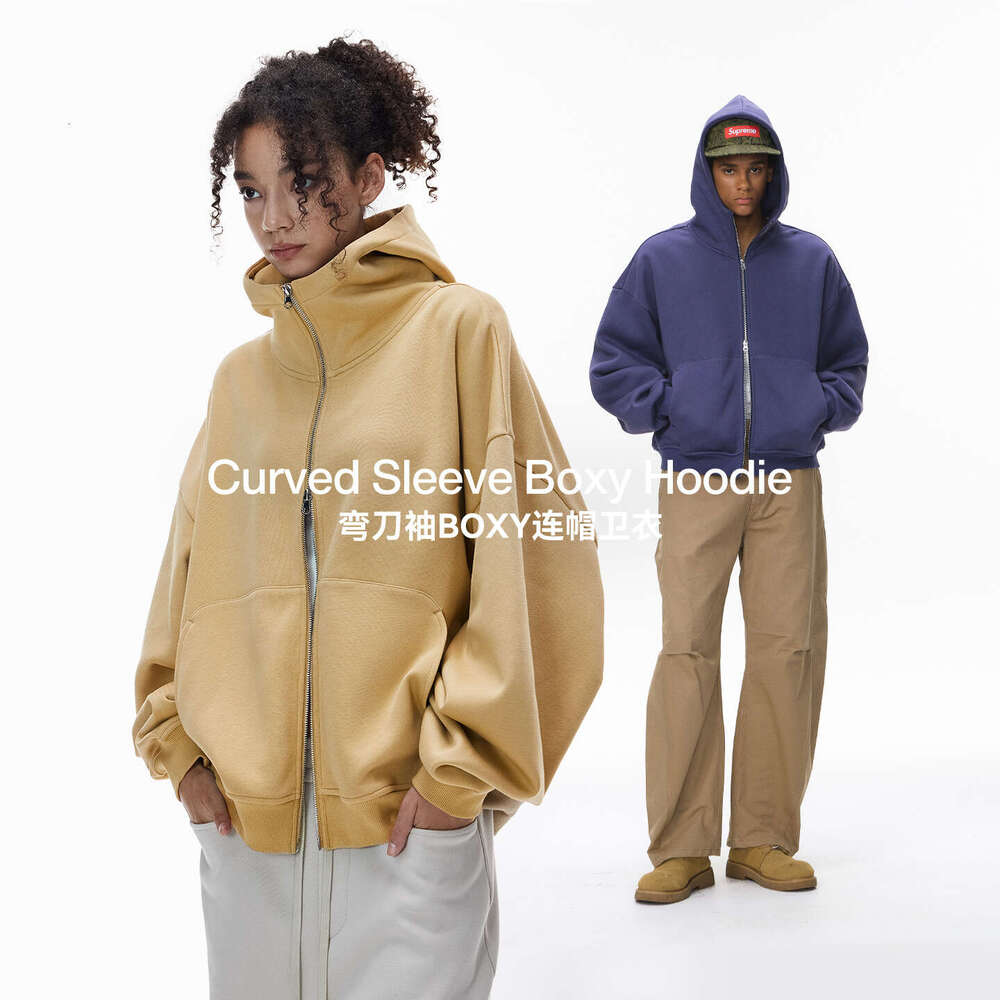 Men's Clothing | Curved Sleeve Boxy 2026 Autumn Winter New Eggshell Zipper Jacket Fleece Hoodie