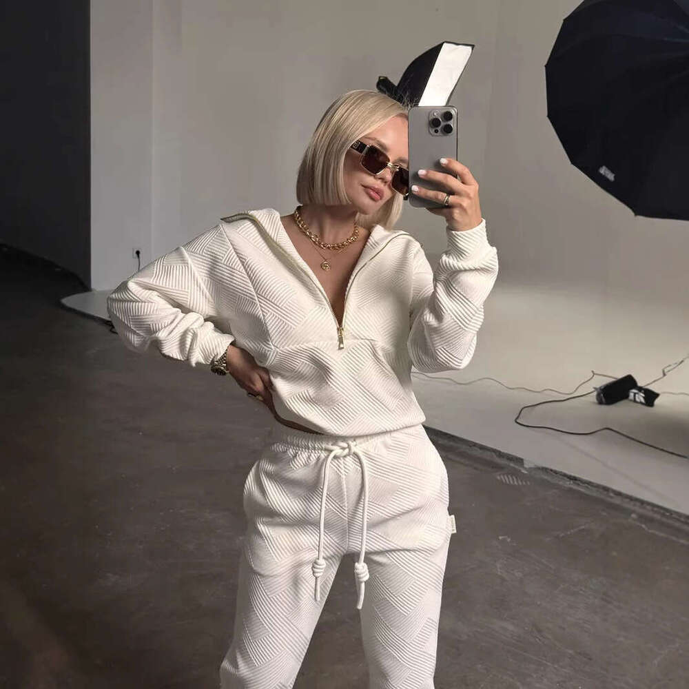 Casual Women's Solid Color Long Sleeve Zipper Loose Top with Drawstring Pants Two-Piece Set