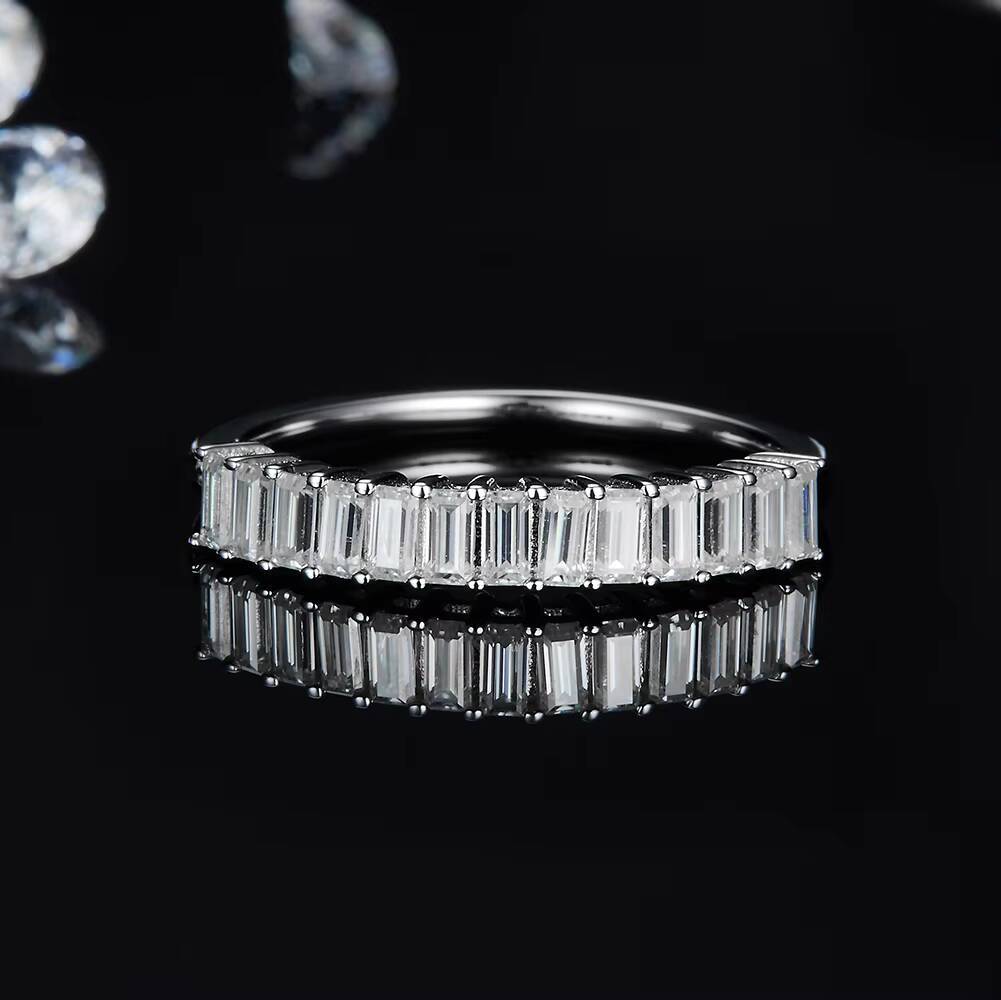 RINNTIN SR285 Baguette Cut AAAA Clear CZ Half Eternity Wedding Band White Gold Plated 925 Sterling Silver Wedding Rings