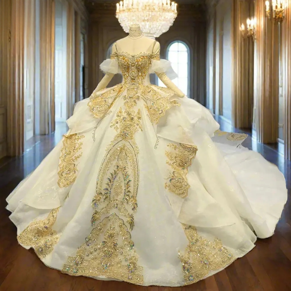 Light Champagne Glitter Crystal Sequined Ribbons Quinceanera Dresses Ball Gown Illusion Floral Appliques Lace Sweet 15 Anos Mexican