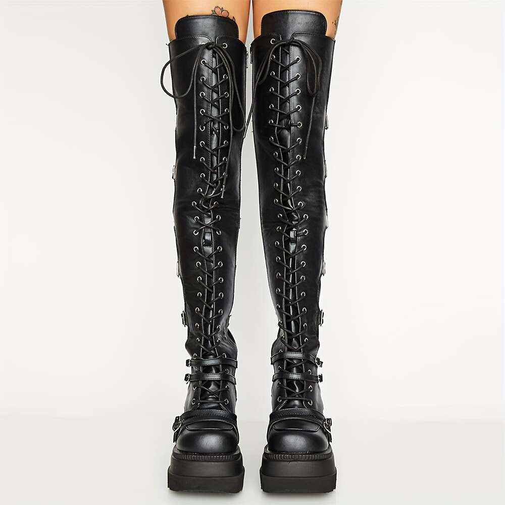 Women's Goth Wedge High Heel Platform Long Thick Round Toe Lace Up Buckle Strap Pull On Over The Knee Fashionable Cosplay Halloween Party Coffee 