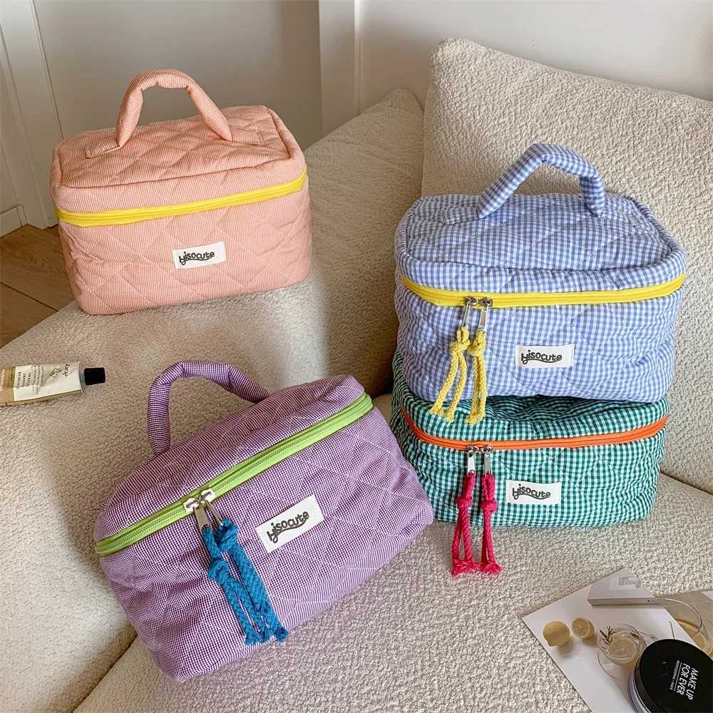 Plaid Cosmetic Bag Set Simple Style Large Capacity Portable Cosmetic Tools Storage Bag for Home Bathroom Toiletry BagT251024