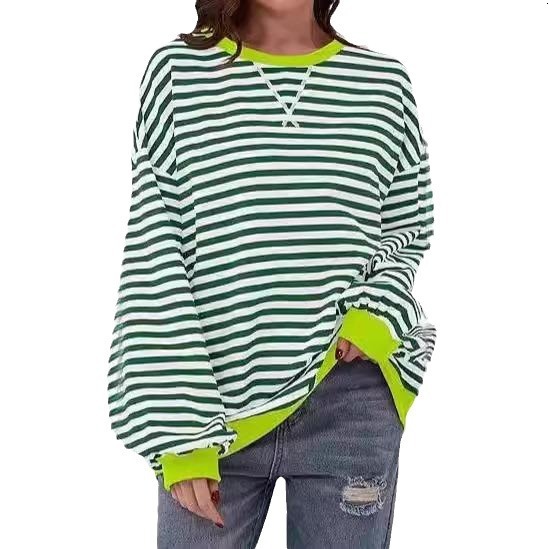 2025 Autumn Winter New Season Simple Home Casual Loose Striped Pattern Round Neck Long Sleeve Pullover Color Block T-Shirt