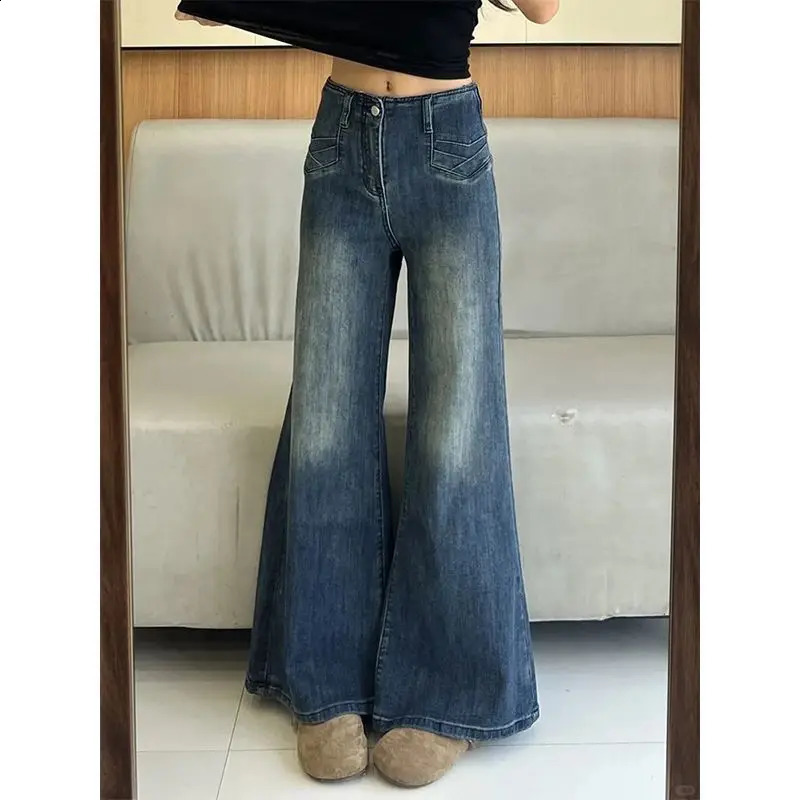 Vintage Washed Jean American Retro High Waist Flare Pants Non Sticky Leg Bootcut Denim Petite Stretch Wide Trouse 251018