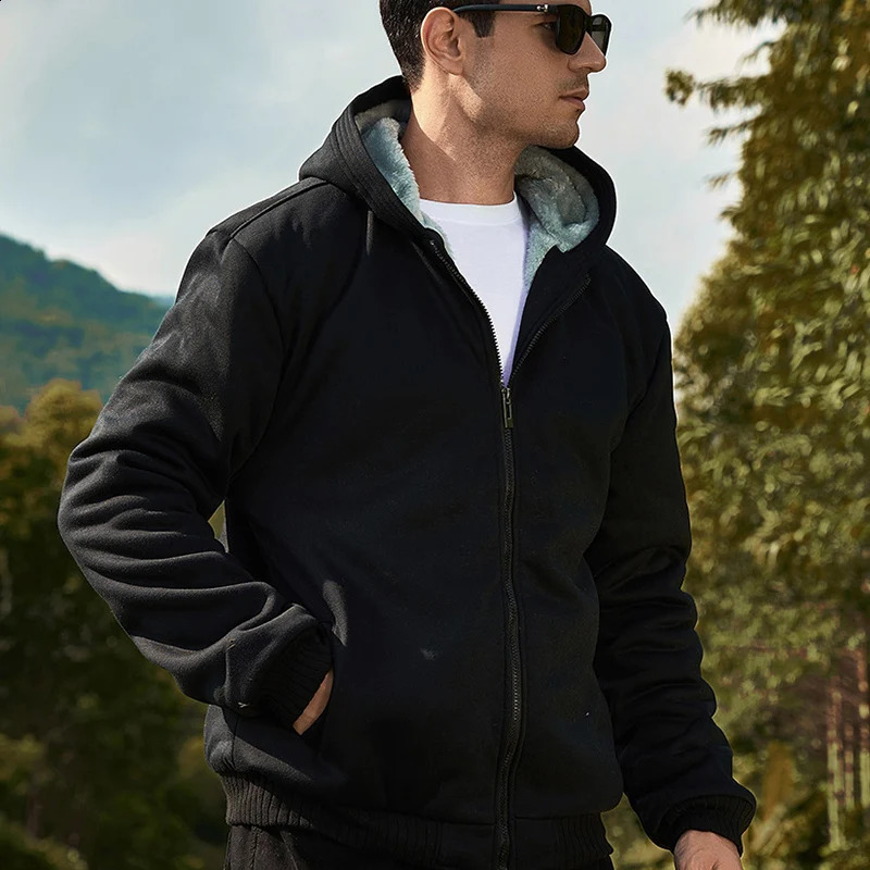Winter Warm Sherpa Lined Coat for Men Heavyweight Plush Fleece Jackets Outwear Long Sleeve Zip Up Hoodie Sweatshirt Tops Outfits 251023