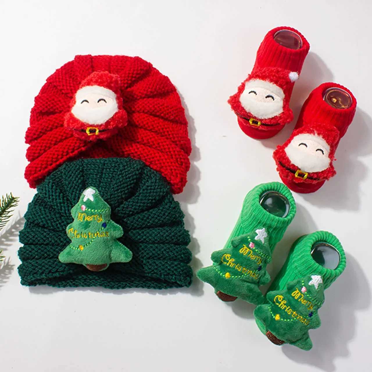 2PcsSet Christmas Baby Hat Socks Cute Santa Claus Baby Boys Girls Turban Winter Warm Knitted Toddler Cap Beanies Gift J251024