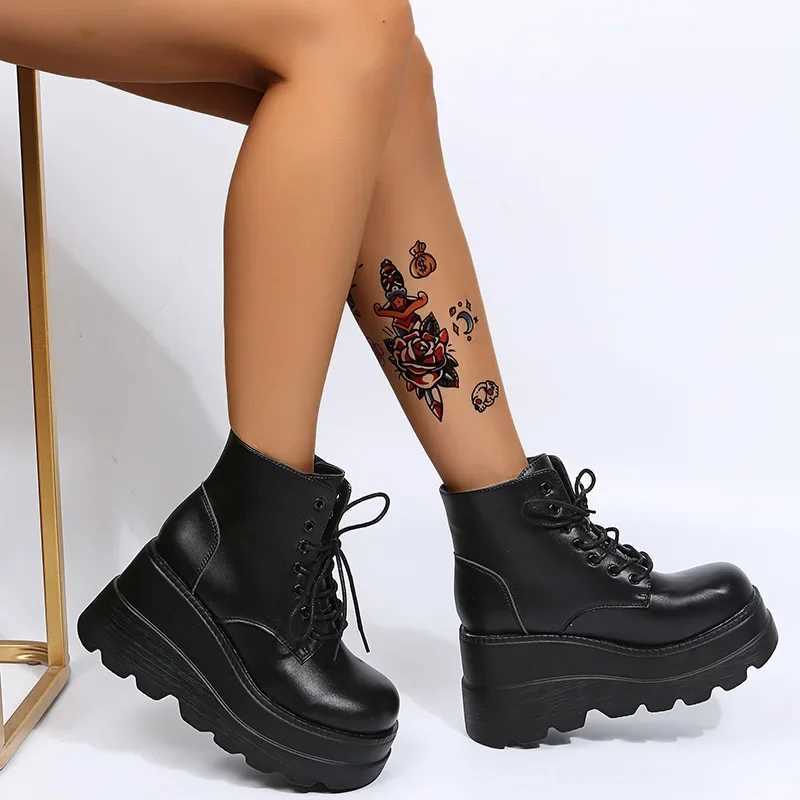 Women Boots High TopThick Sole Winter Slope Heel Lace Up Ankle Boots Women Shoes Bright Black Light Bling Black Chaussure Femme W251024