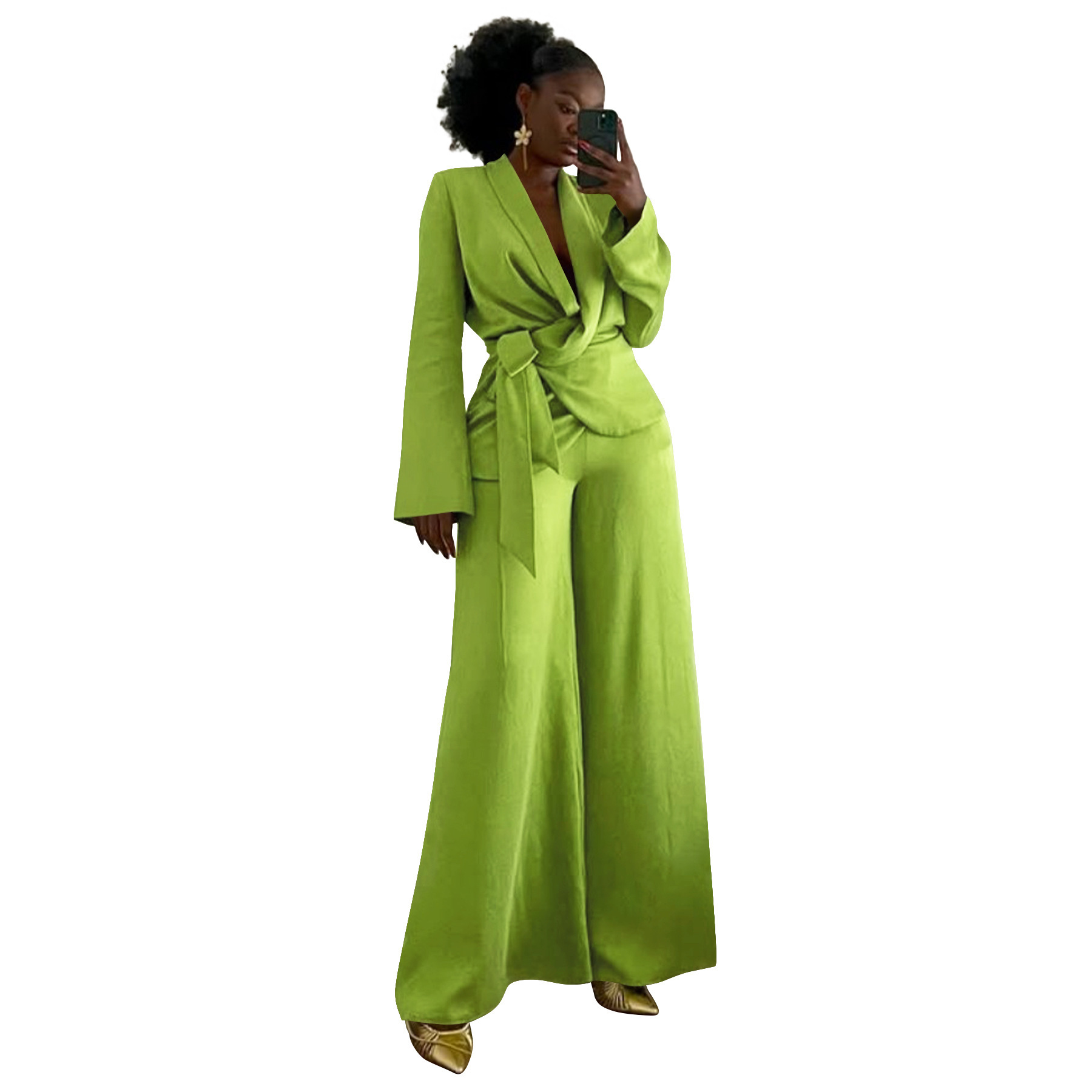 Designer's new European and American women's clothing autumn and winter solid color suit tie top cardigan wool sweater wide leg pants set