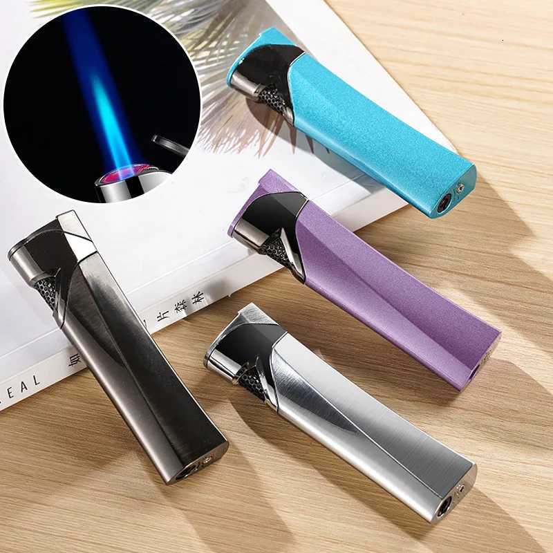 New Streamlined Long Windproof Lighter Compact Metal Brushed Inflatable Straight Jet Cigarette Lighter Smoking Accessories D251024