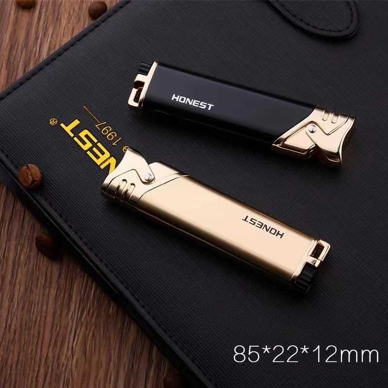New Metal Ultra Thin Slender Jet Torch Straight Gas Charged Windproof Inflatable Butane Lighter Metal Blue Flame Fashion Gift D251024