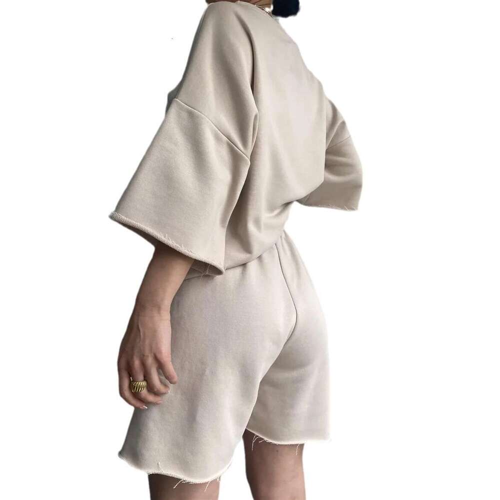 Street Style New Casual for Women: Half Round Neck Loose Short Sleeve Tie Shorts Two-Piece Set