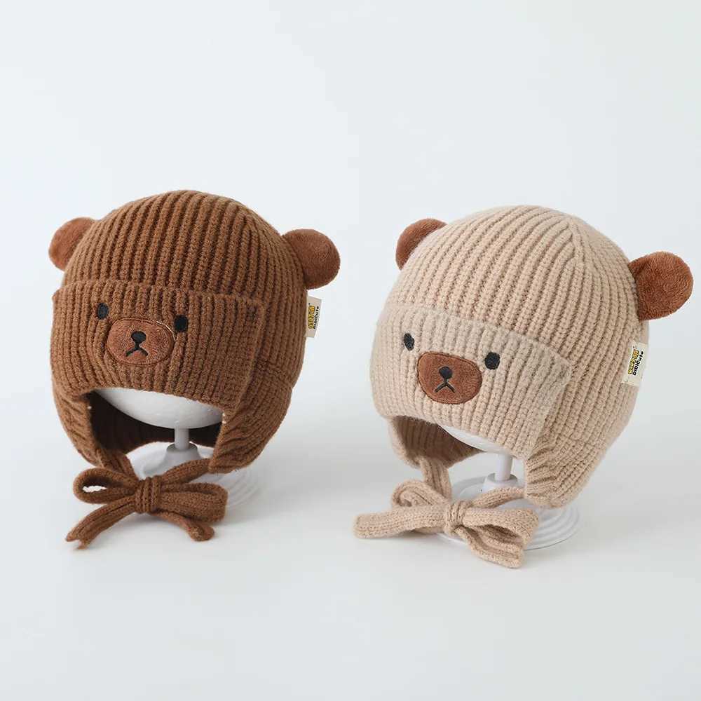 Boys Bear Animal Beanie Hats Children Thick Cute Caps Kids Knitted Cold Proof Hat Girls Autumn Winter Warm Windproof CapL251024
