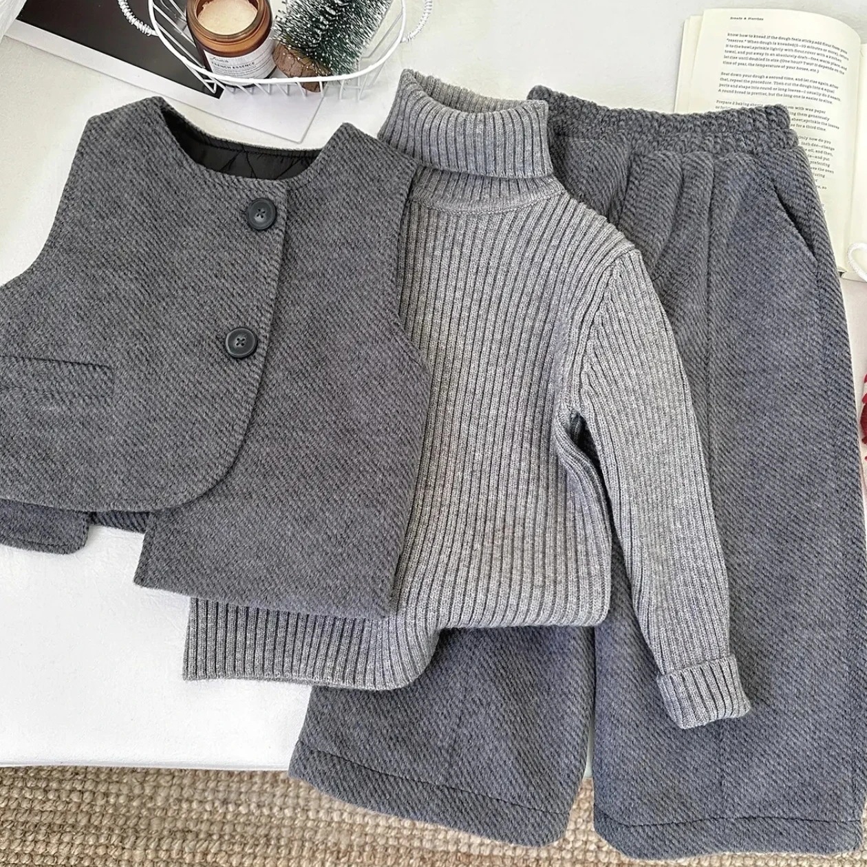 Free Shipping Kids' 2025 New Fashion Winter Fleece-Lined 3-Piece Set: High Neck Sweater, Thick Vest & Pants