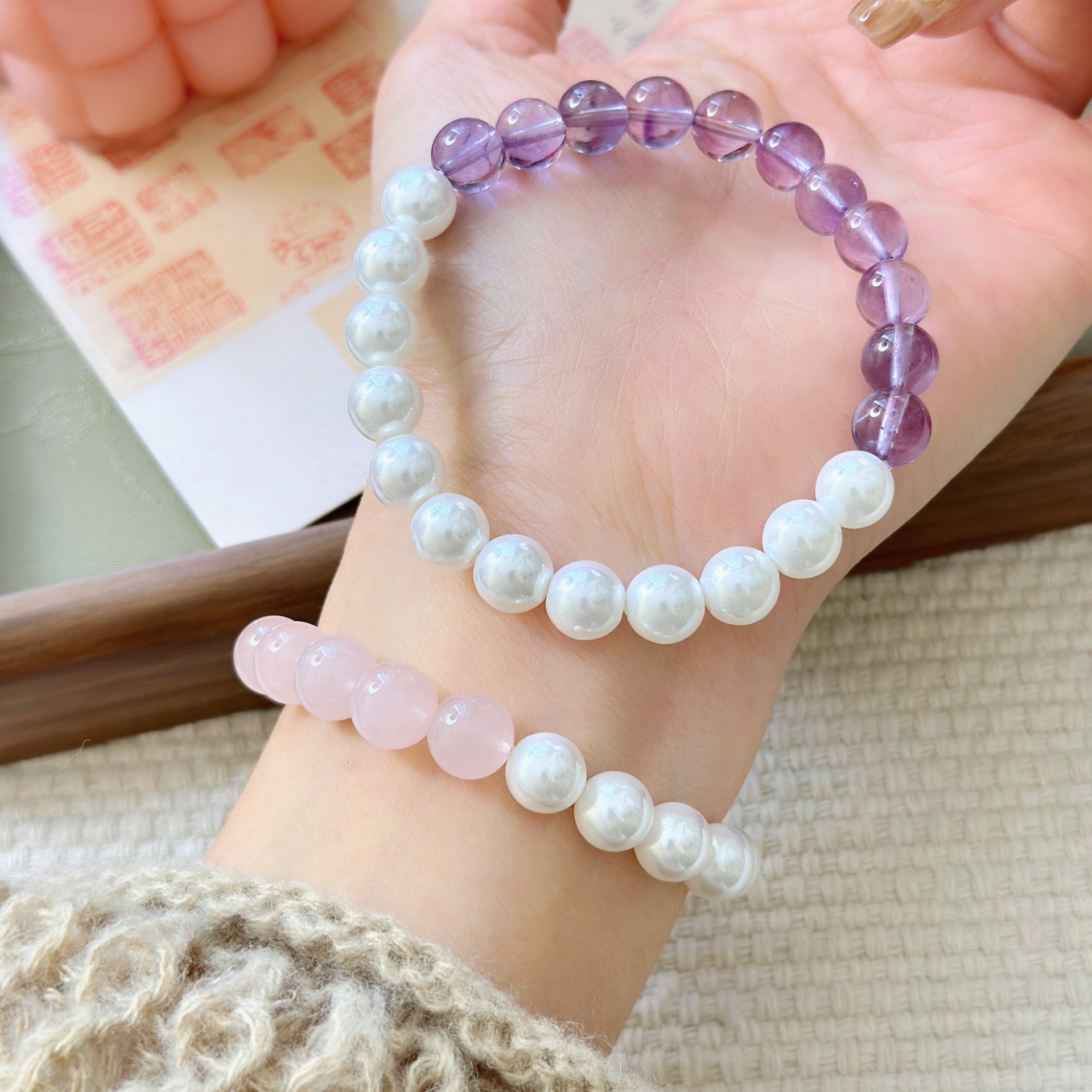 Natural Soft Pink Quartz Crystal Bracelet with Single Strand Pearl for Women