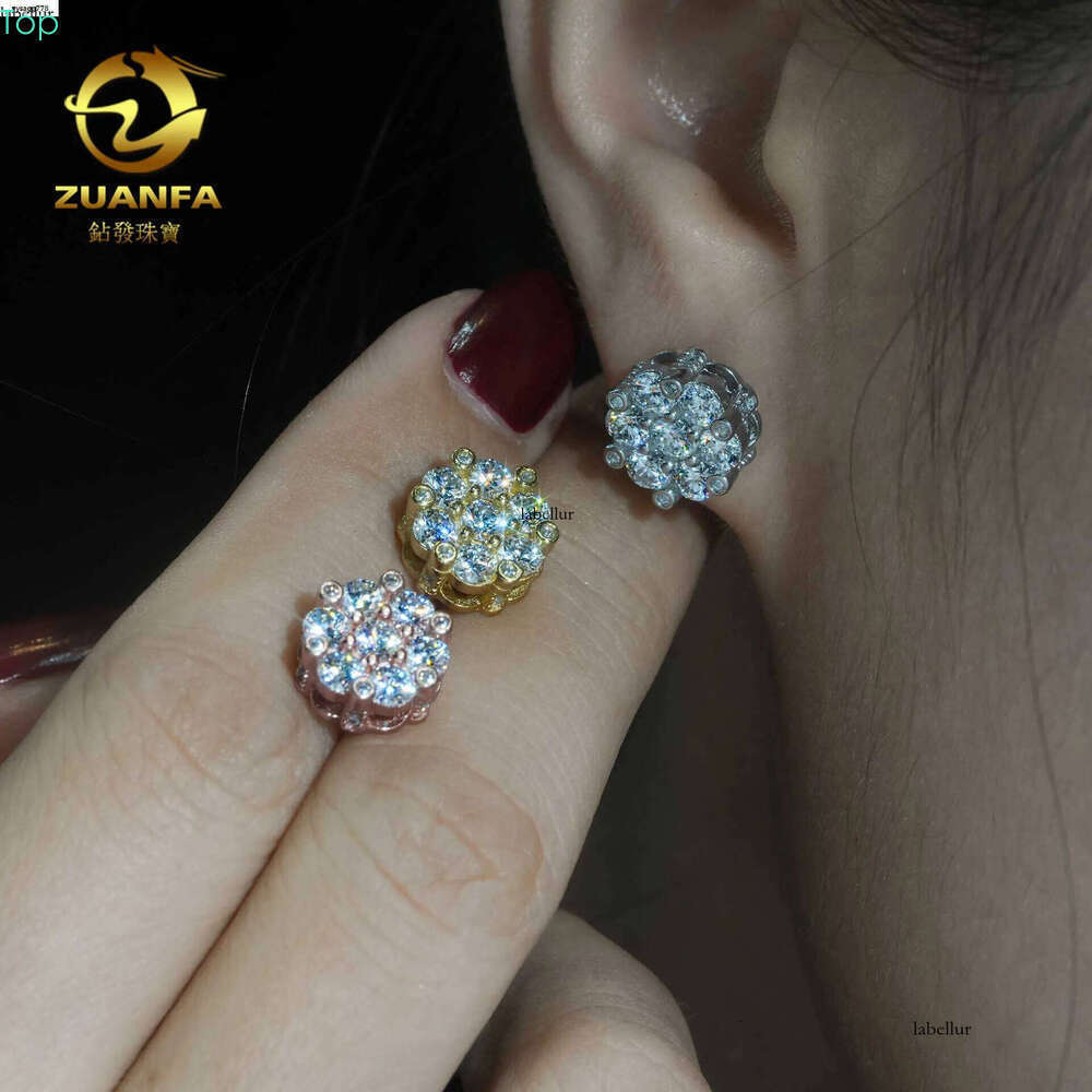 10mm wide new S sier moissanite full set flower hip-hop personality earrings