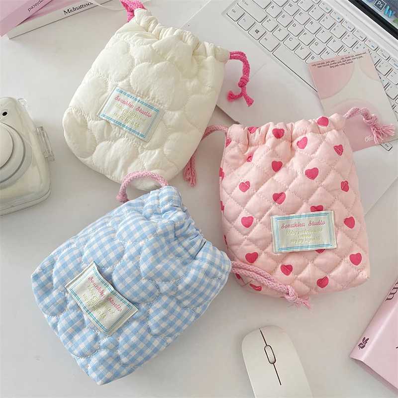 Fashion Drawstring Storage Bag For Camera Solid Color Heart Striped Organizer Candy Color Portable Travel Makeup CaseT251024