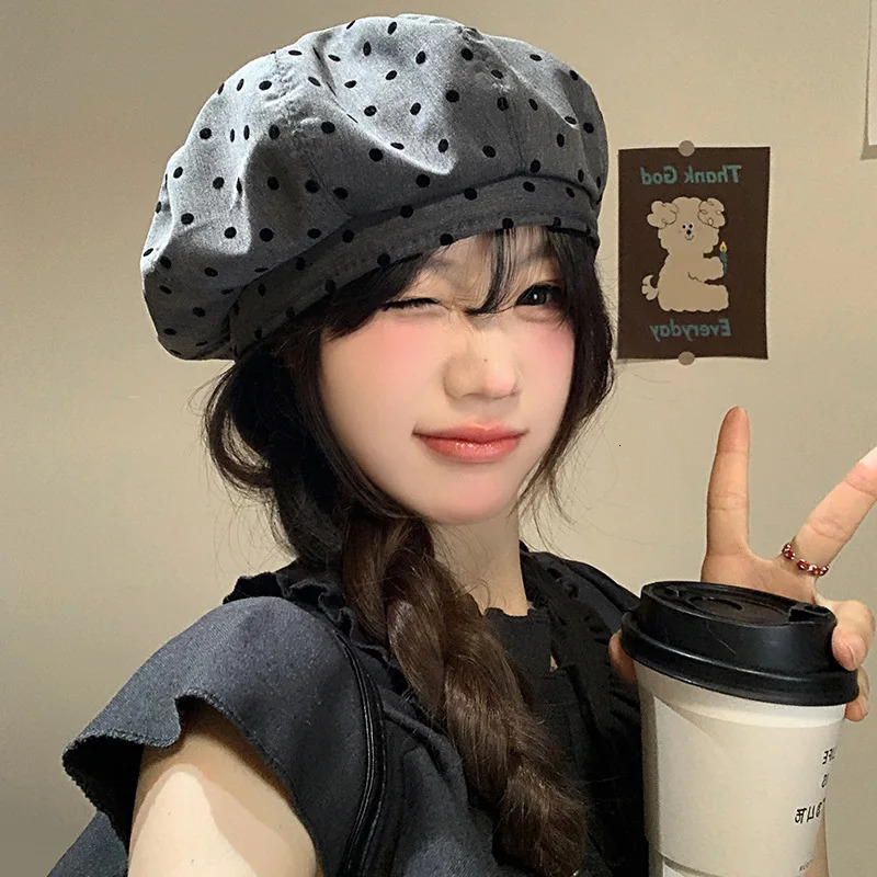 Korean Niche Polka Dot Printing Berets Cap for Women Spring Summer Thin Breathable Versatile Retro Literary Painter Hat 251023