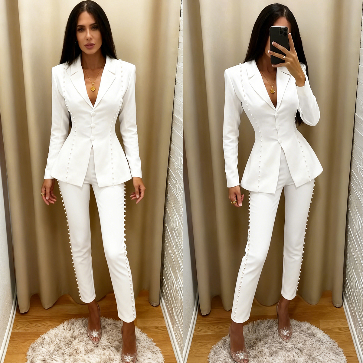 Customized Pearls Beads Women Pants Suits Slim Fit Ladies Prom Birthday Party Formal Wear Outfit Straight Trousers 2 Pieces
