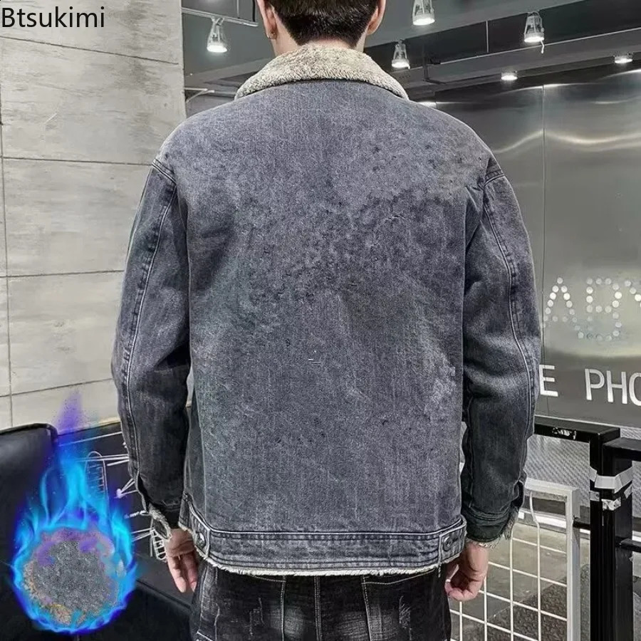 2025 Autumn Winter Mens Denim Jackets Thickened Lamb Fleece Lined Men Casual Warm Cottonpadded Coats Korean Trend Jean 251017