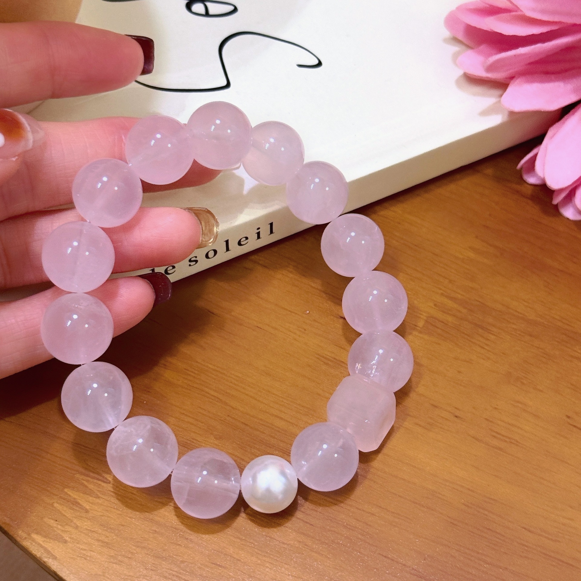Fresh Pink Quartz Beaded Bracelet for Girls