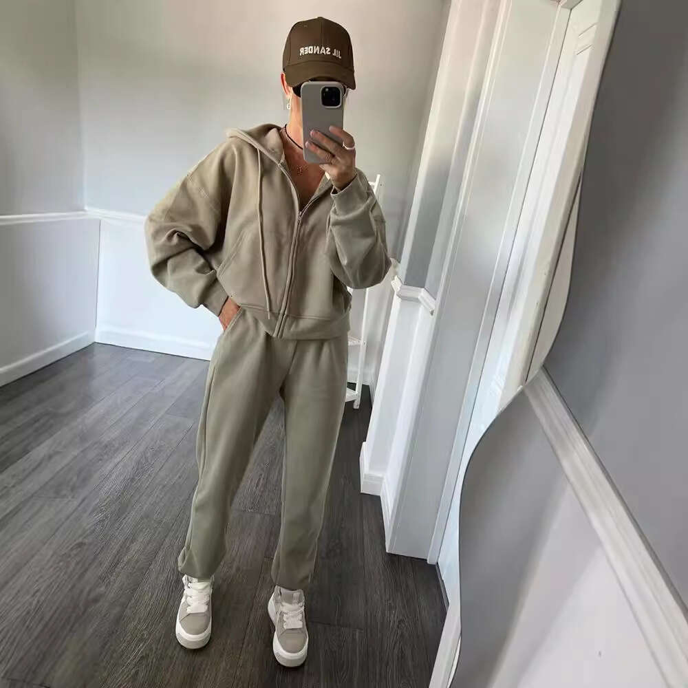 Casual Women's Solid Color Long Sleeve Zipper Hoodie Elastic Waistband Pants Two-Piece Set